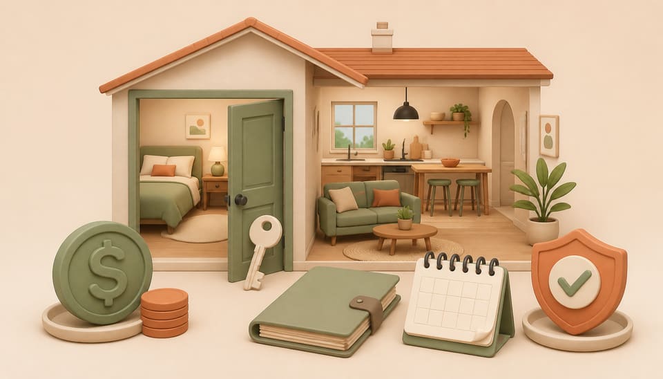 A shared home with a private bedroom, a boundary key, house-rules folder and balanced income and privacy symbols