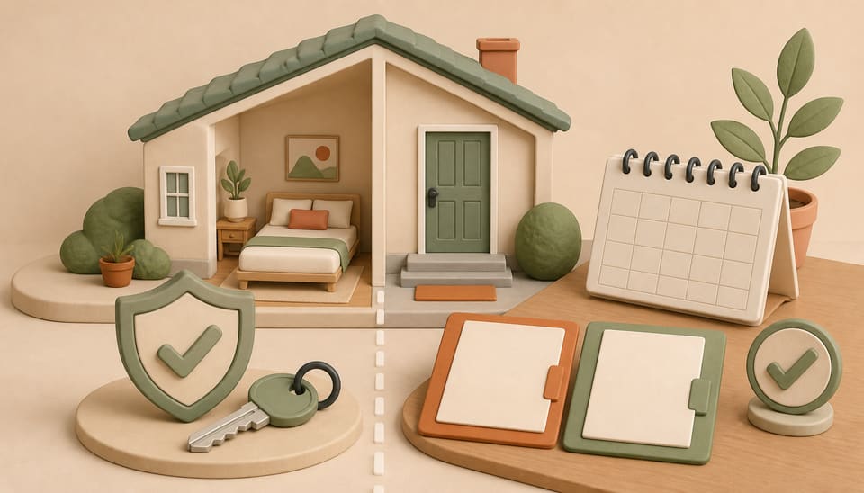 A property owner's house, short-stay calendar, insurance shield and contract folder arranged around a clear risk decision