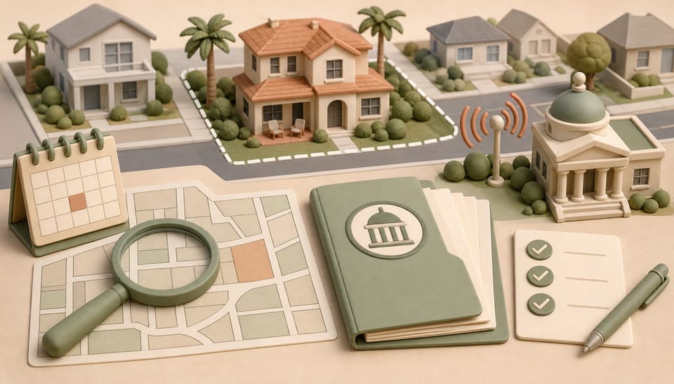 A Jacksonville-style neighborhood block, zoning map, complaint folder, calendar and measured sound symbols arranged for an enforcement decision