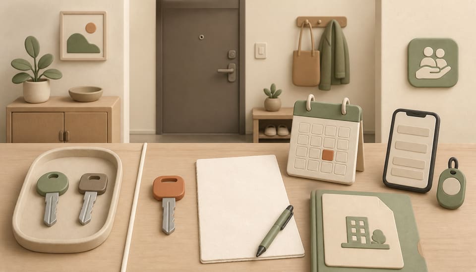 A rented apartment key, written permission note, boundary line, phone and legal support folder arranged around a calm next-step decision
