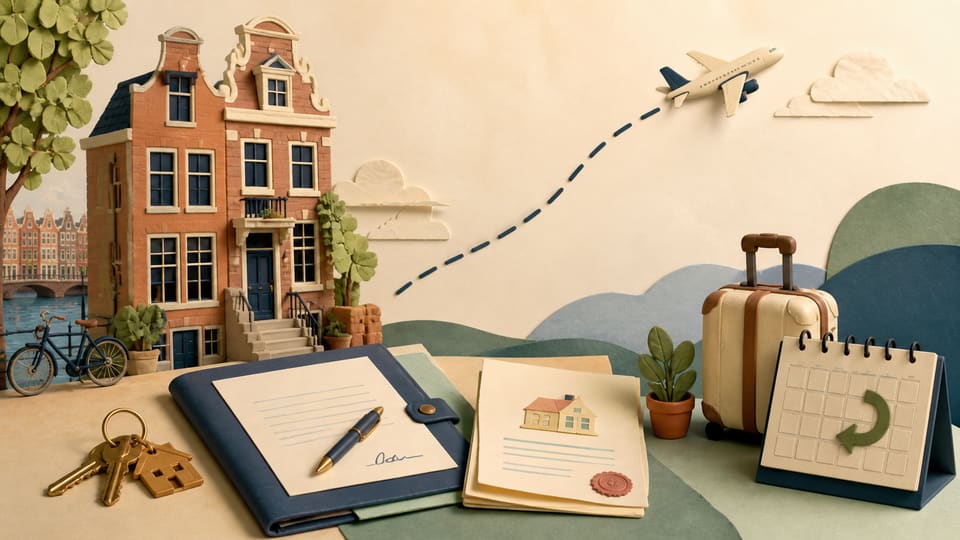 A Dutch apartment with a travel suitcase, signed lease, house key, mortgage document and calendar showing a return journey