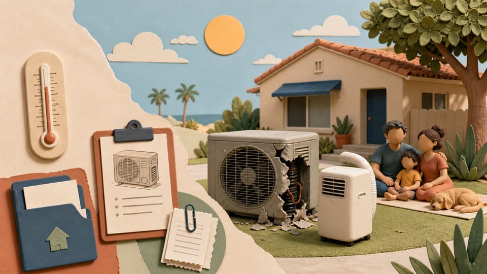 A family rental home with a broken air conditioner, thermometer, portable cooling unit, repair clipboard and receipt folder