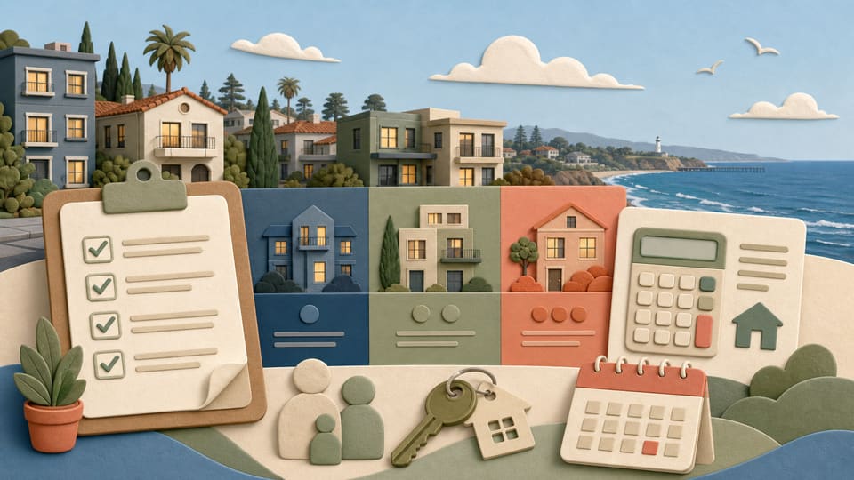 A Santa Cruz neighborhood with apartment buildings, an AMI income chart, application checklist, rent cap and coastal landscape