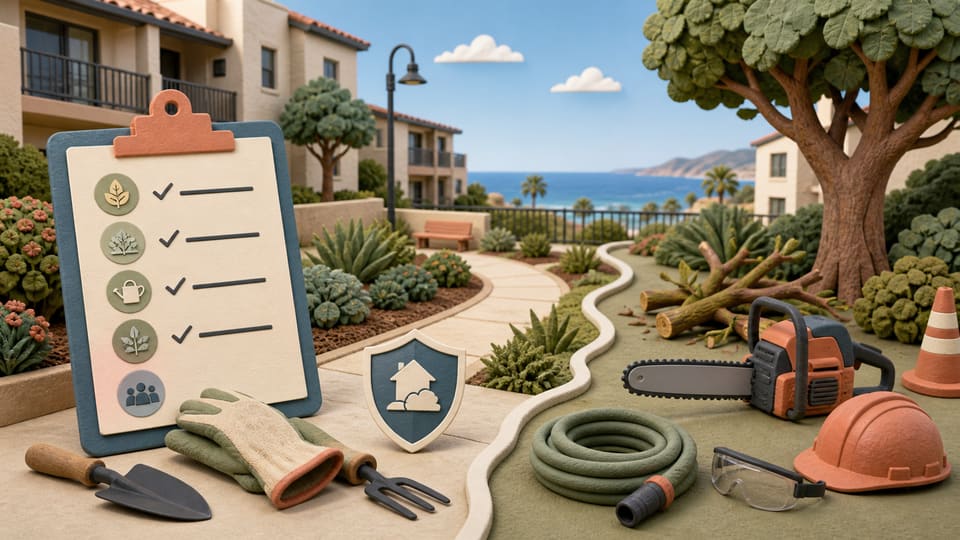 A California condominium courtyard with a landscaping checklist, garden tools, insurance shield and board approval papers