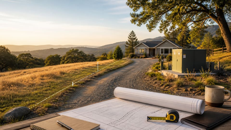 A rural California property with an underground utility route marked beside a gravel driveway and a transformer location highlighted in the foreground