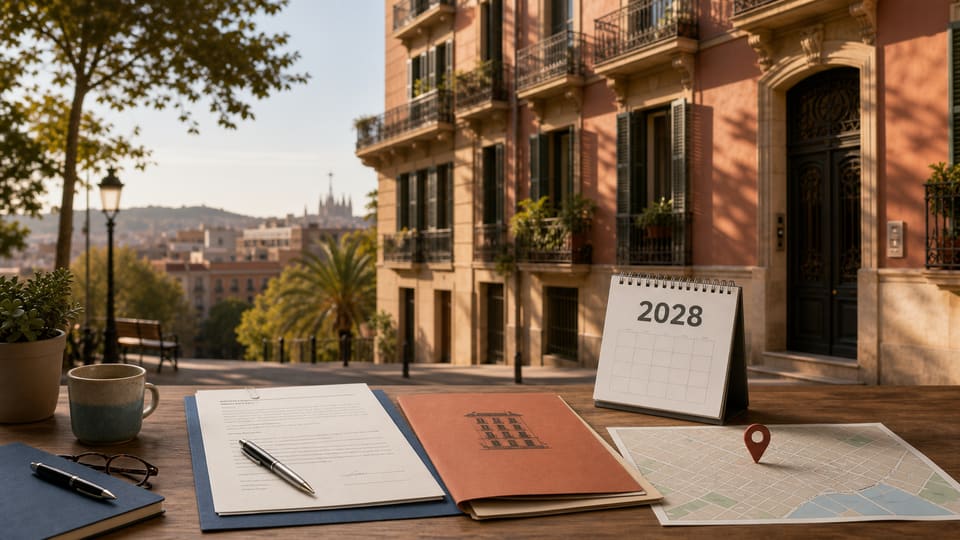 A Barcelona apartment building with a residential lease, a tourist-apartment permit and a 2028 calendar on a city planning desk