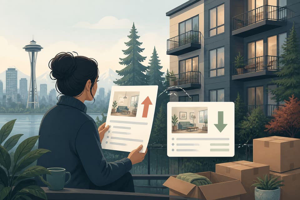 A Seattle apartment building with a rent increase notice, a lower rental listing and moving boxes on a desk