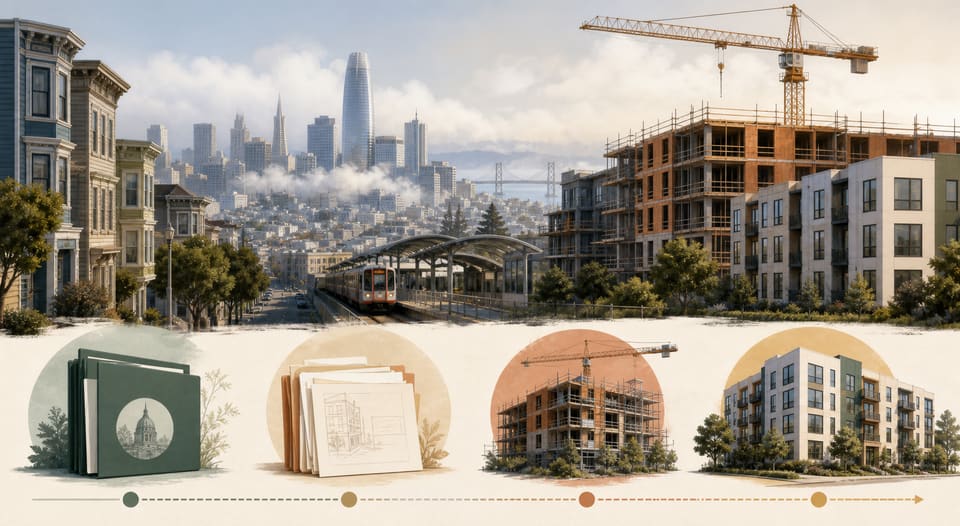 A San Francisco neighborhood with construction cranes, a housing production chart and a transit station
