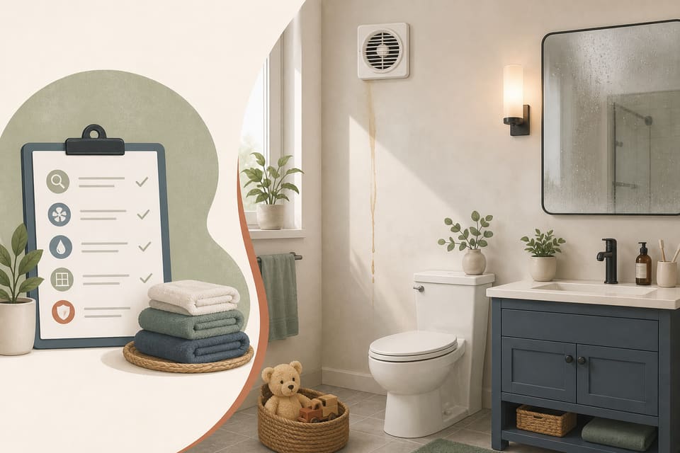 A rental bathroom wall with condensation, a sticky residue streak, an exhaust fan and a family-safe maintenance checklist