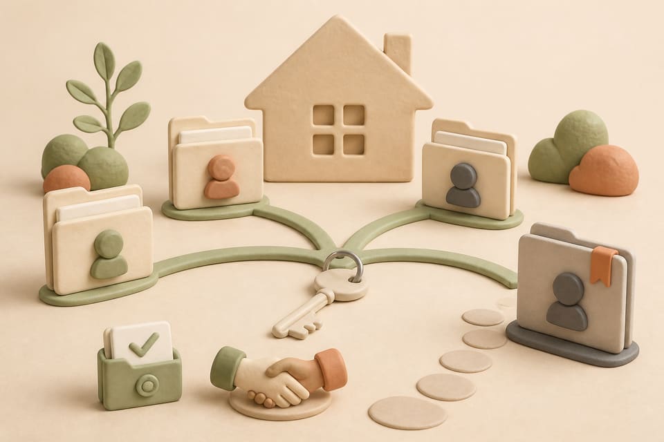 Soft clay illustration of four rental application folders, a house key, a neutral records folder and a transparent bridge connecting named tenants with a disclosed roommate