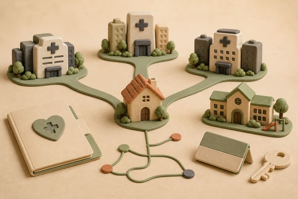 Soft clay illustration of a family healthcare relocation decision with three city paths, a pediatric medical folder, a school building and a small home