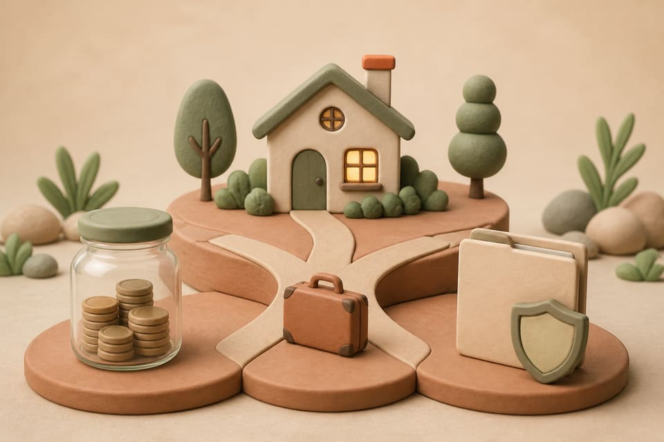 Soft clay illustration of a financial safety floor with a small home, emergency savings jar, health shield, suitcase and branching path