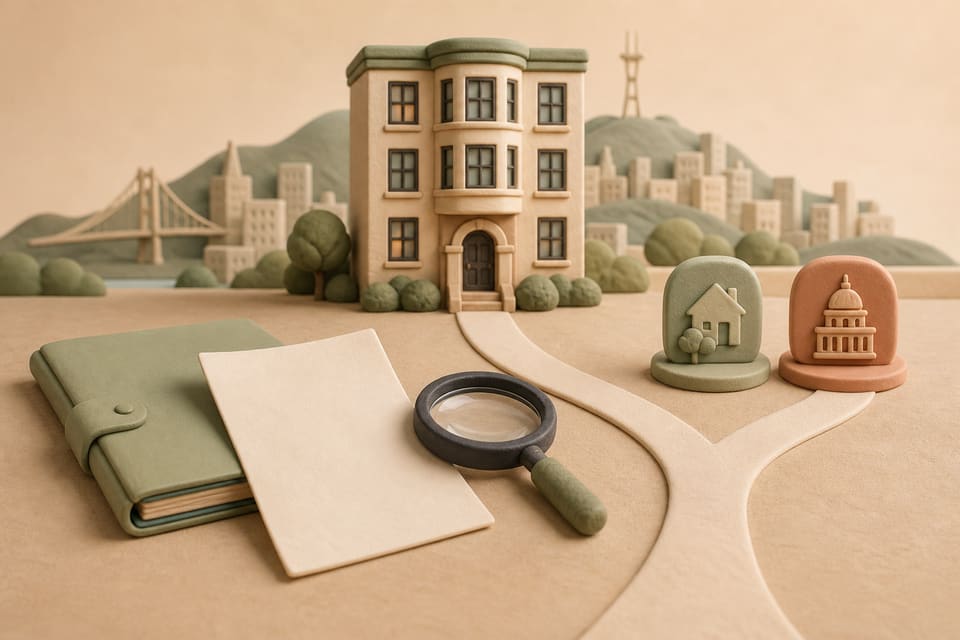 Soft clay illustration of a San Francisco rental decision with a small apartment building, rent notice, lease, magnifying glass and two possible paths
