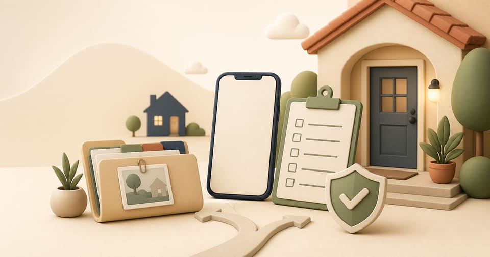 Soft clay illustration of a short-term rental host handling a house-rule incident with a home, checklist, phone and evidence folder