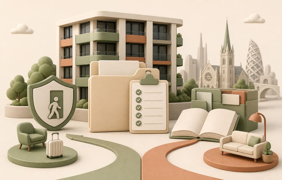 Soft clay illustration of a Christchurch apartment short-term rental compliance review with a building, consent papers, fire-safety shield and unit-title rulebook