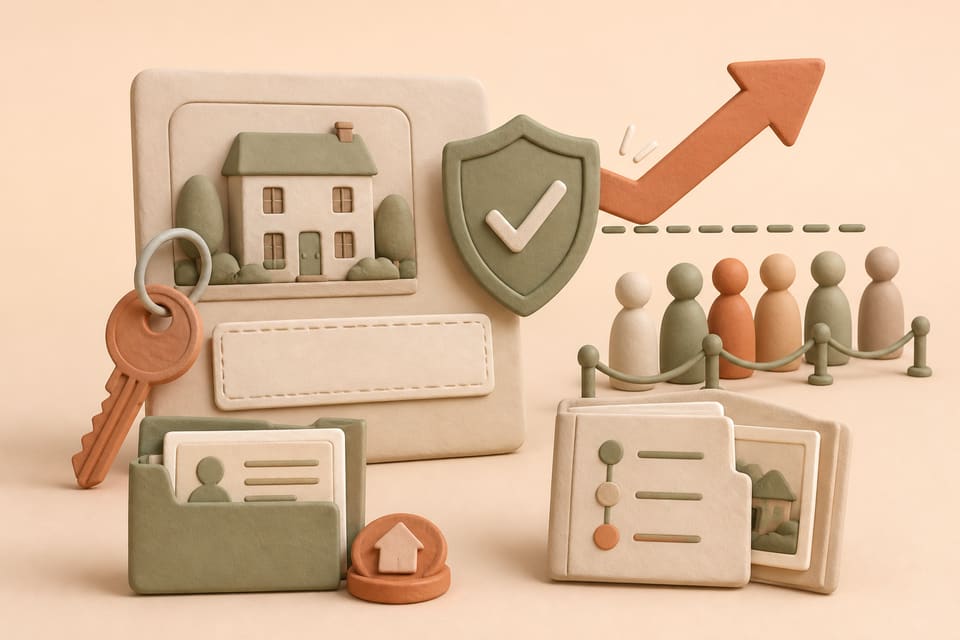 Soft clay illustration of an England rental advert, house key, applicant queue, compliance shield and evidence folder