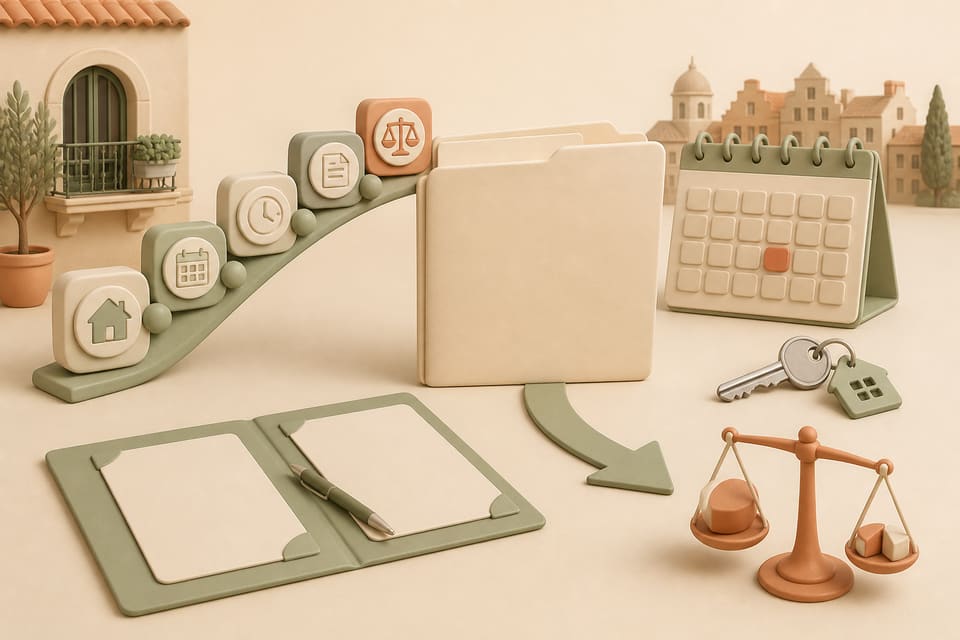 Soft clay illustration of a Spanish rental lease review with a contract folder, six-month calendar checkpoint, key, exit arrow and proportional scale