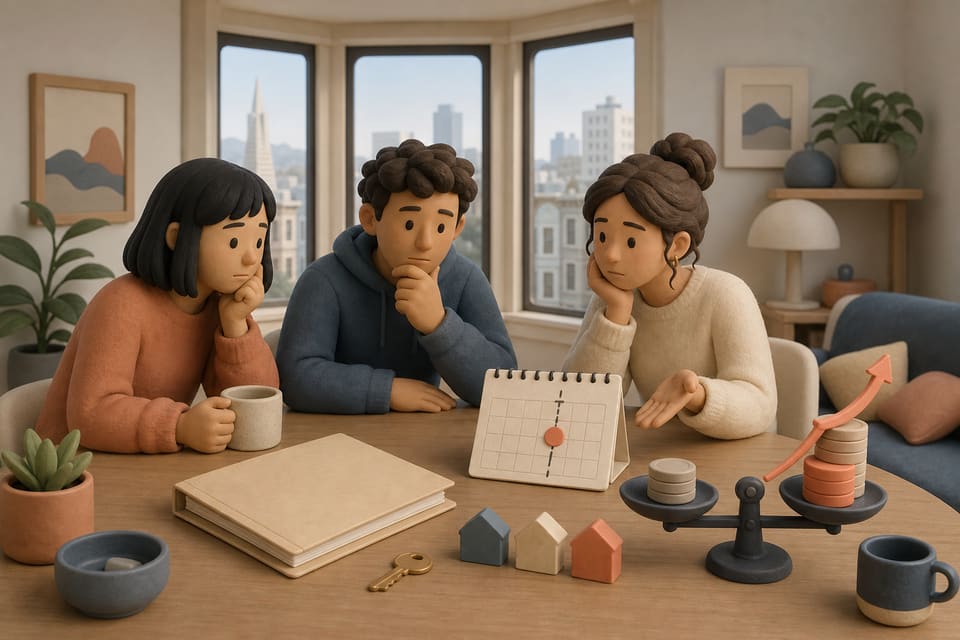 Editorial clay illustration of San Francisco roommates reviewing a lease, a calendar transition, a key, and a sharply rising rent scale