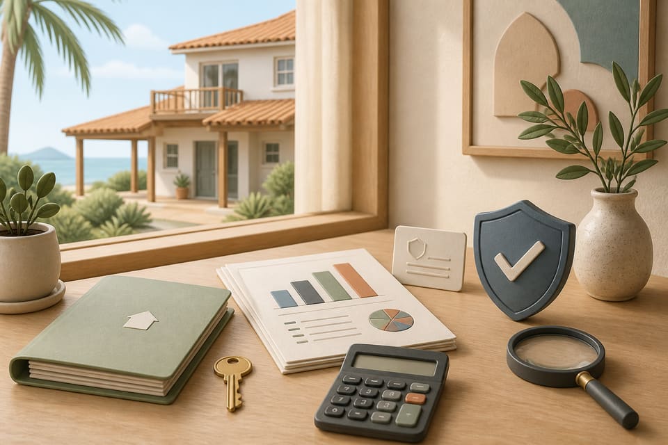 Editorial illustration of a short-term-rental property purchase review with a house, key, revenue records, permit card, insurance shield and magnifying glass