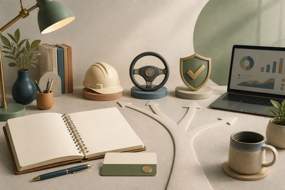 Editorial illustration of a training notebook, hard hat, steering wheel, safety shield, laptop and branching career paths