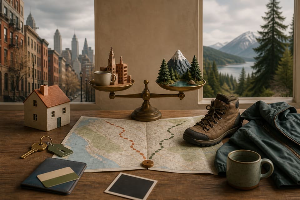 Editorial illustration of a balanced move decision between an East Coast city and Washington mountains, with a map, house key, transit pass, hiking boot and rain jacket