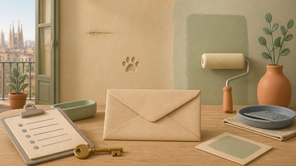 Editorial illustration of a rental deposit dispute with a paint roller, apartment key, inspection checklist, wall swatch and dog paw print