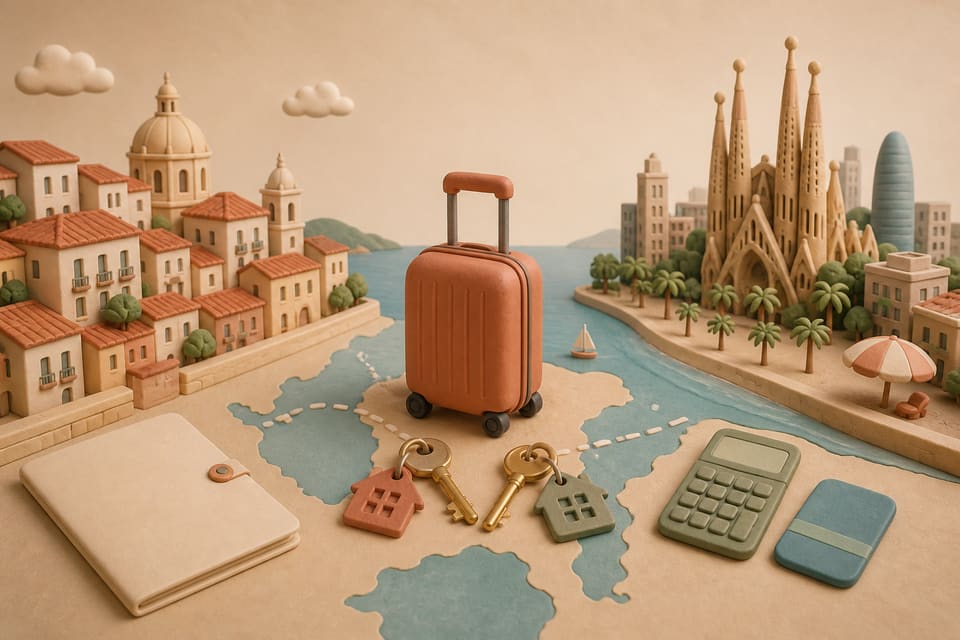 Editorial illustration of a relocation decision between Lisbon and Barcelona with two city silhouettes, a suitcase, apartment key, tax document and beach path