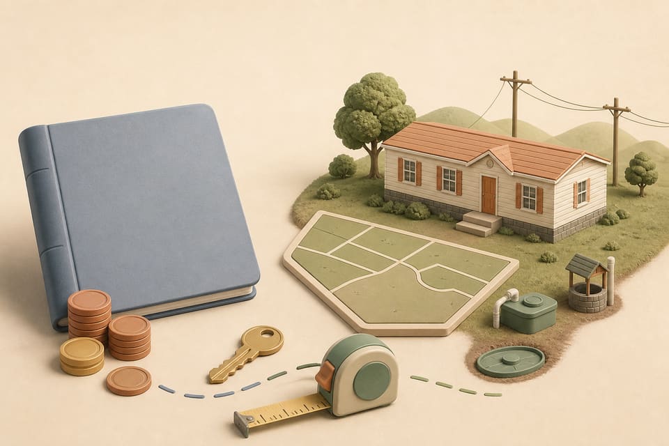 Editorial illustration of a manufactured home, land parcel, debt ledger, keys and a balanced budget scale