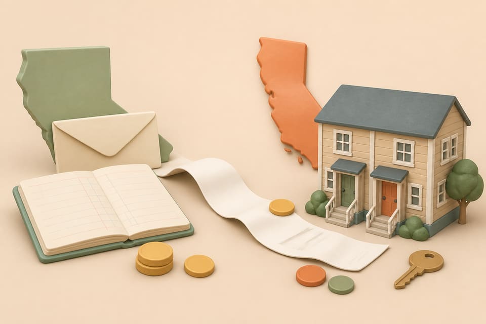Editorial illustration of a California rental property, tax withholding envelope, percentage marker, rental ledger and out-of-state map