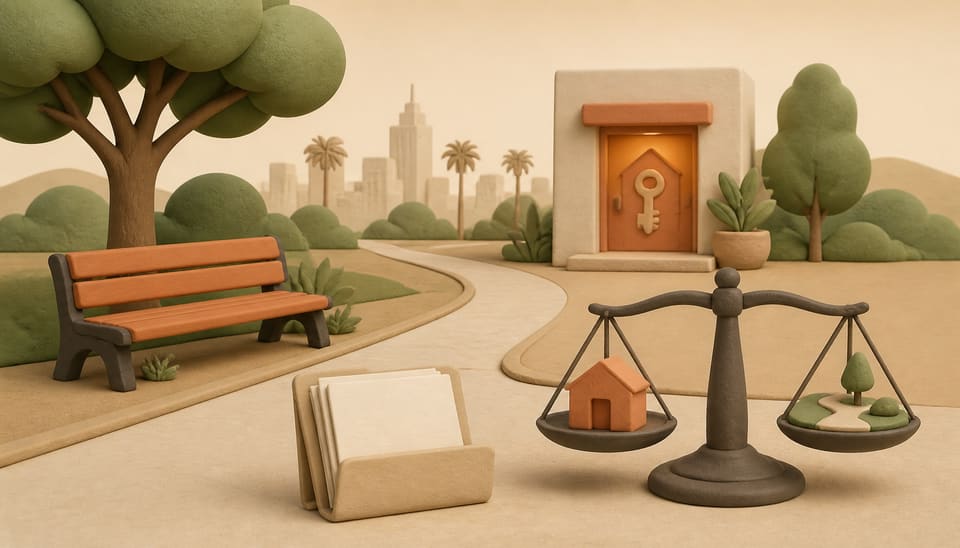 A calm clay-style Los Angeles public-space scene with a park bench, pathway, city-hall document, shelter doorway and balanced scale