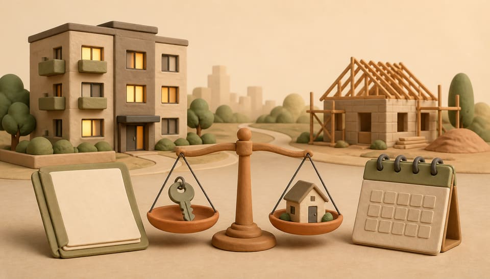 A calm clay-style Australian rental policy scene with an apartment, lease document, balanced scale, key and growing home