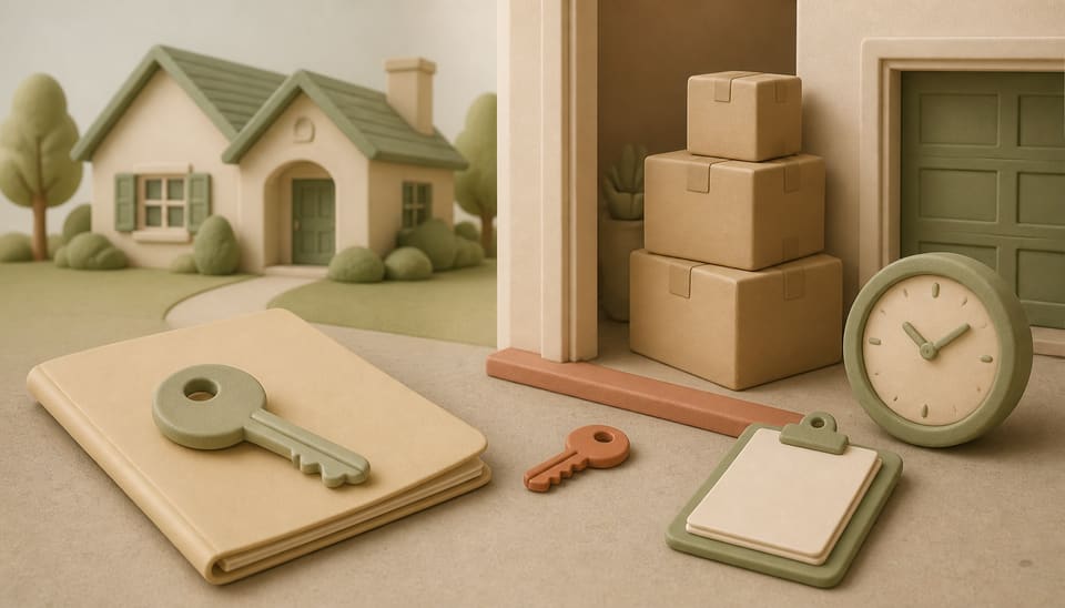 A calm clay-style home closing scene with a house key, signed document, moving boxes and a clearly marked access boundary