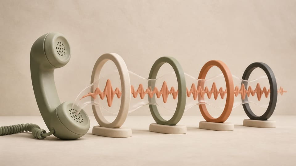A matte sage telephone handset sending one continuous waveform through simple measurement rings in a warm studio scene