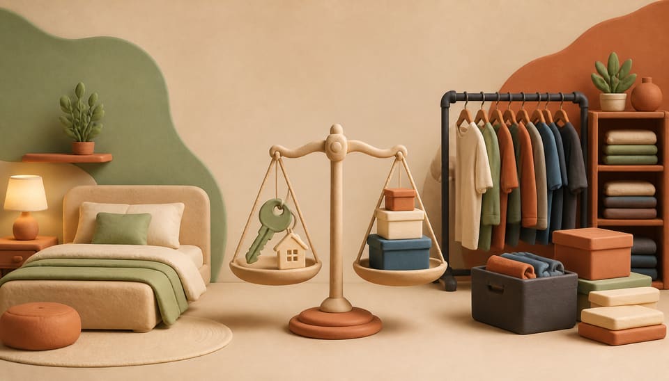 Soft 3D clay illustration balancing a home key and bed against clothing racks and inventory boxes