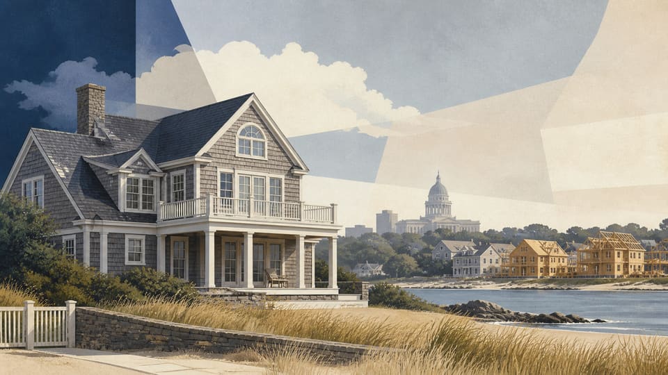 A coastal New England second home set against a civic building and new housing construction in a calm editorial illustration
