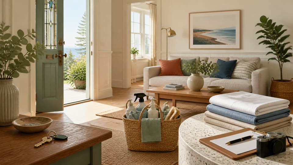 A furnished Australian living room prepared for a long stay with a key, cleaning caddy, folded linen and move-in documentation