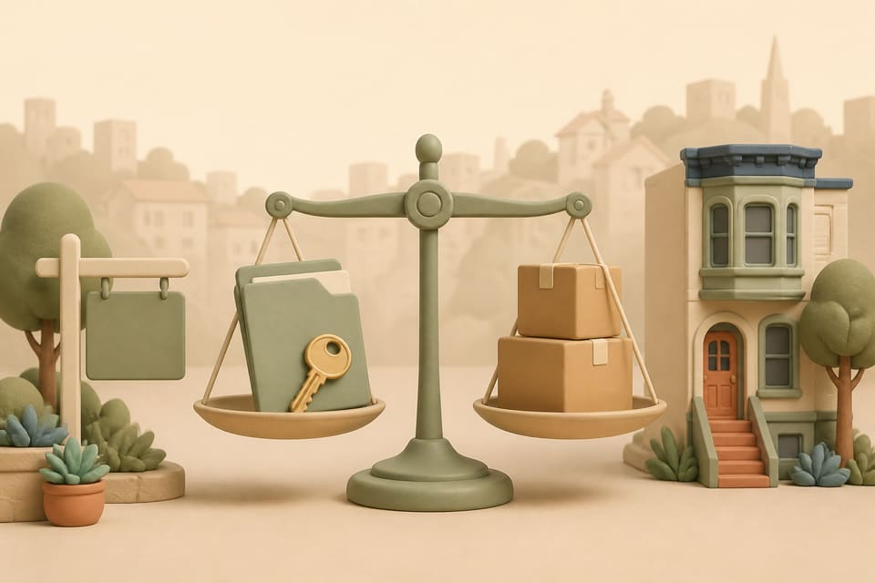 Soft clay illustration of a San Francisco rental home, lease folder, house key, moving boxes and a balanced scale