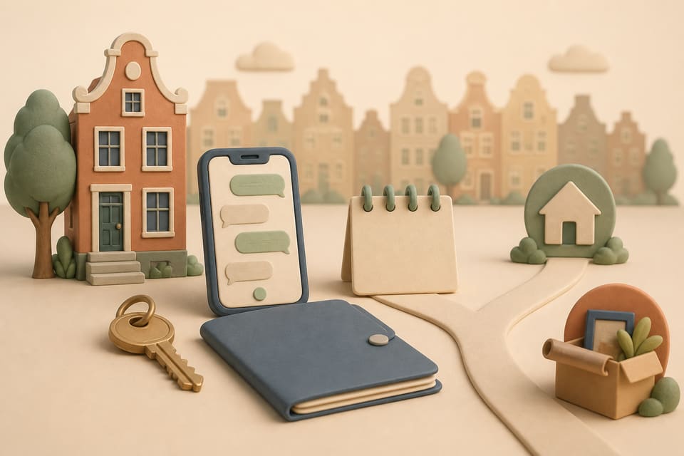 Soft clay illustration of a Dutch townhouse, smartphone with abstract chat bubbles, lease folder, calendar and branching move-out path