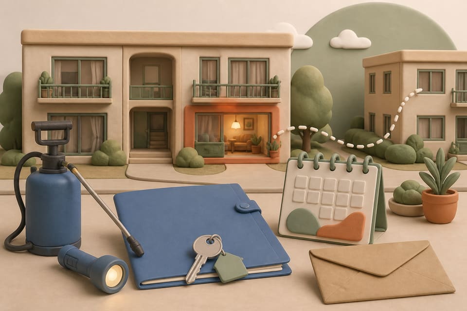 Soft clay illustration of an apartment building, pest-control tools, lease folder, house key, calendar and rent-deposit envelope