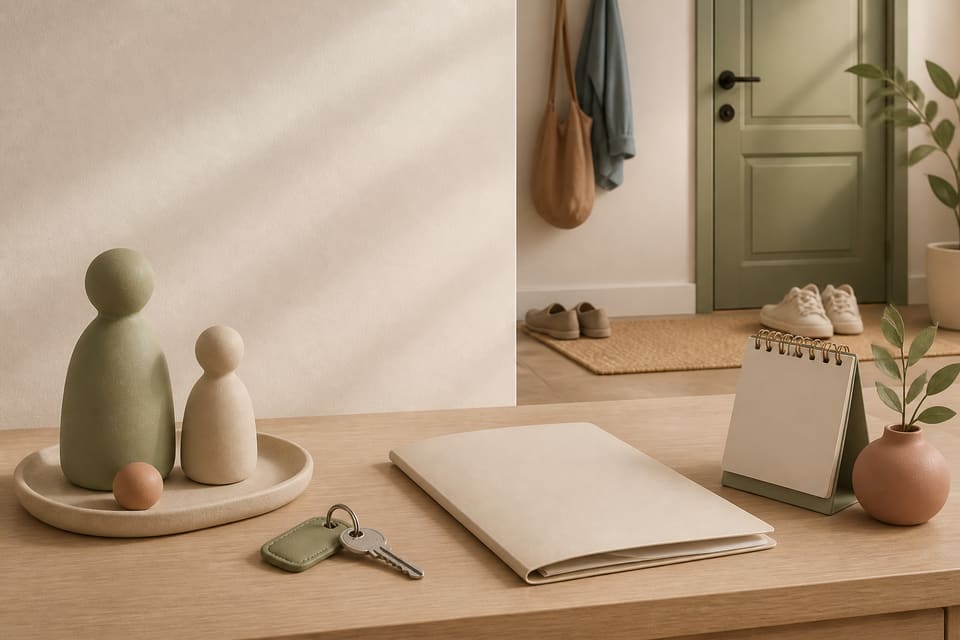 A calm clay-style apartment entryway with a lease folder, house key, calendar, shoes, and abstract figures representing a tenant and guest.