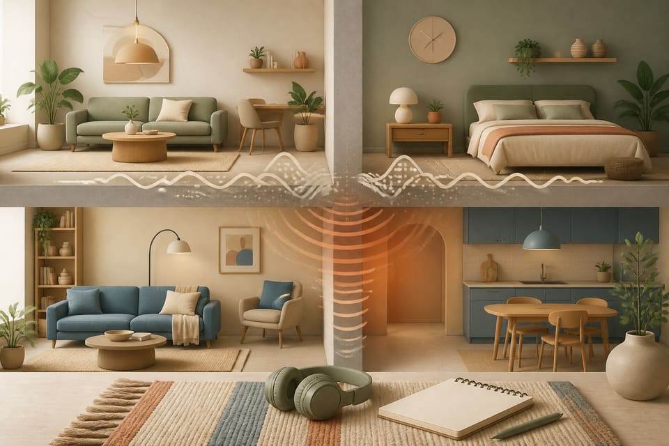 A calm clay-style cutaway of adjacent apartments with soft sound waves, a rug, headphones, and a blank noise log.