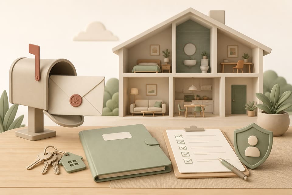 A calm clay-style shared rental house with a sealed owner-addressed envelope, lease folder, keys, occupancy checklist, and privacy shield.