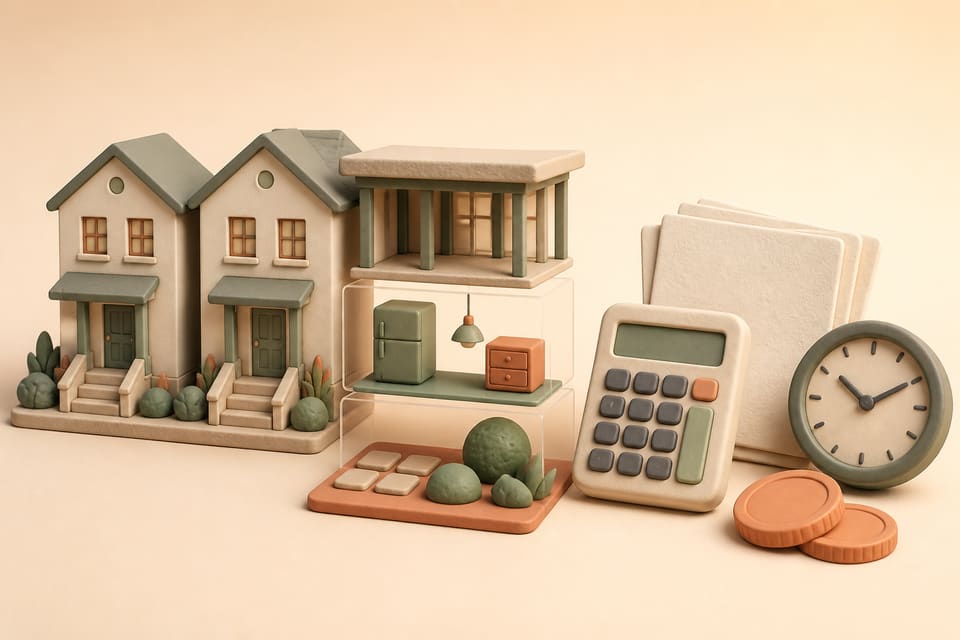 Soft 3D clay illustration of two duplexes, a cutaway showing different property components, blank accounting papers, a calculator and a clock