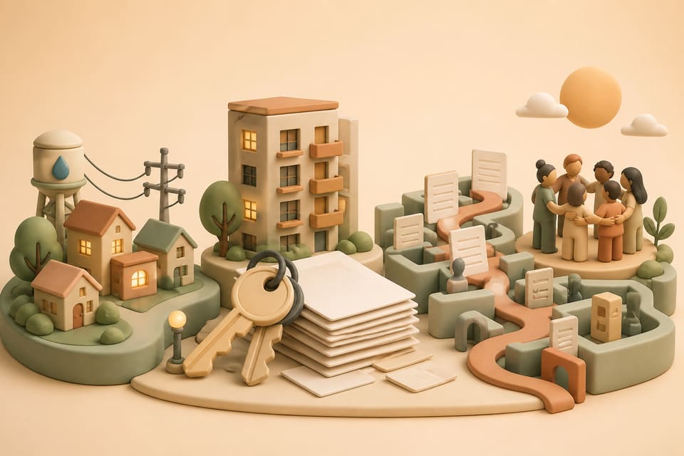 Soft 3D clay illustration of a reliable neighborhood, an apartment with housing papers, a maze of forms and a connected group of people