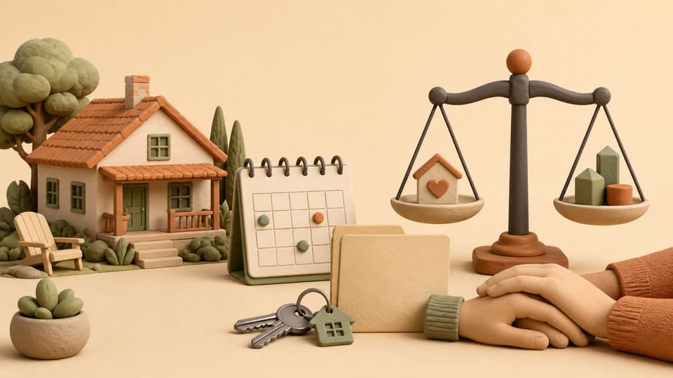 Soft 3D clay illustration of a quiet second home, a lightly marked calendar, blank household-cost papers, keys, a decision scale, and two hands