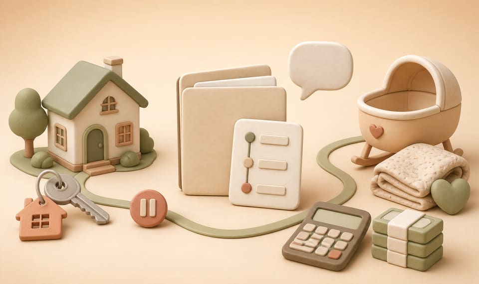Soft 3D clay illustration of a small home, blank mortgage documents, a baby blanket, a calculator and a household cash buffer