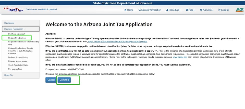 Scottsdale official application portal screenshot for workflow step 1