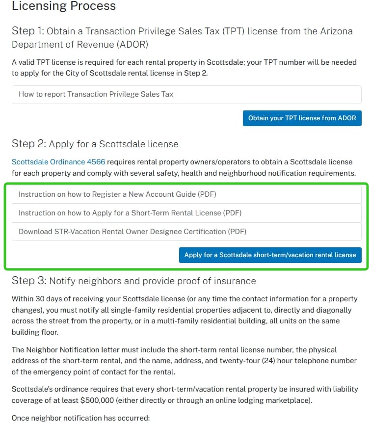Scottsdale official application portal screenshot for workflow step 2