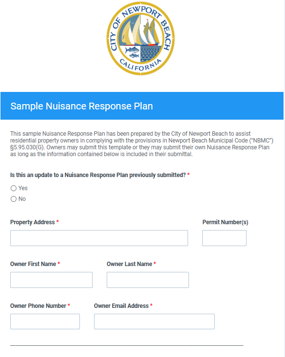 Newport Beach official application portal screenshot for workflow step 2