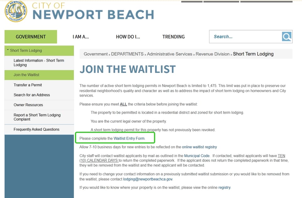 Newport Beach official application portal screenshot for workflow step 3